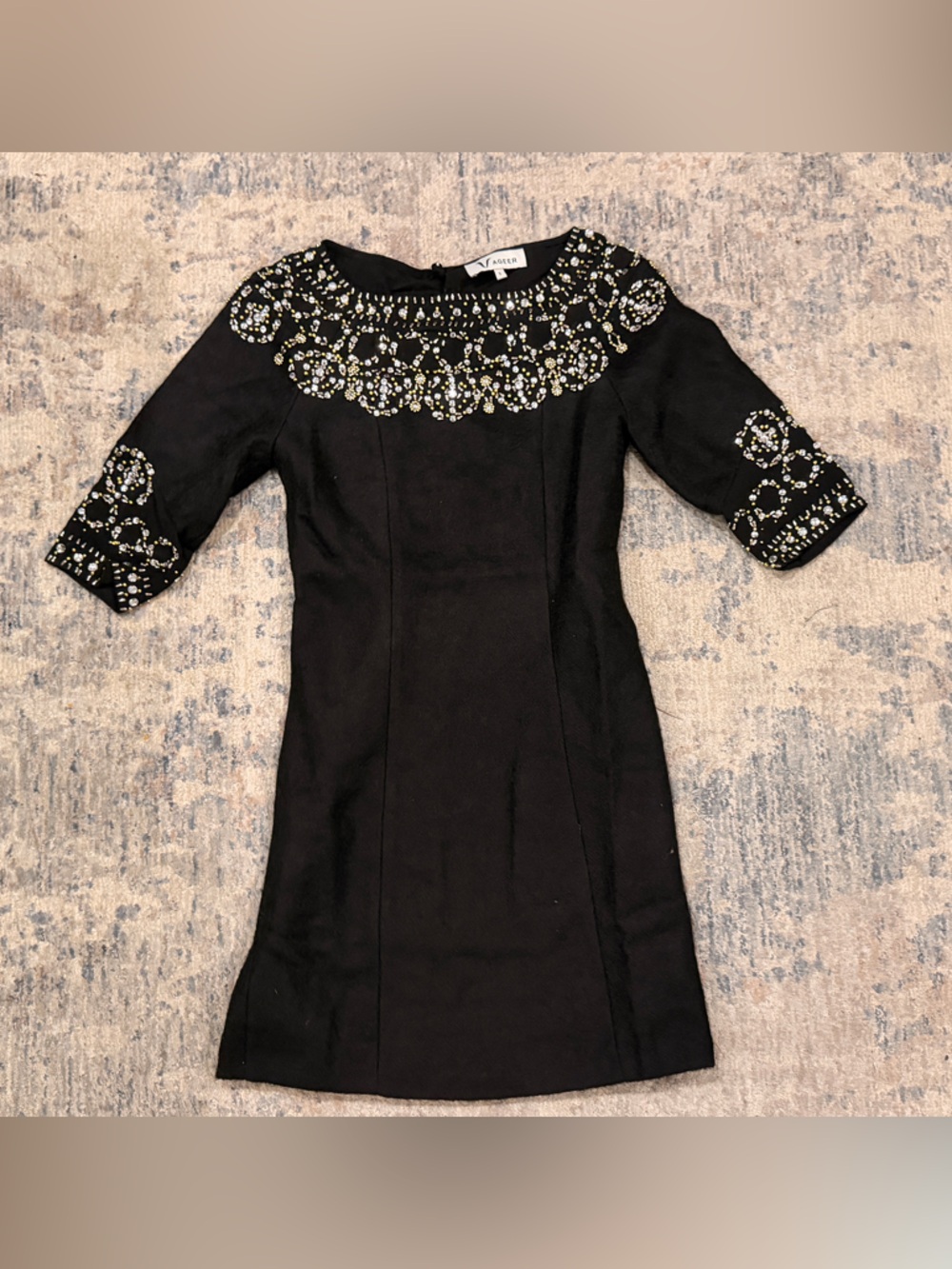Vageer 100% Wool Embellished Black Short Sleeve Cocktail Dress